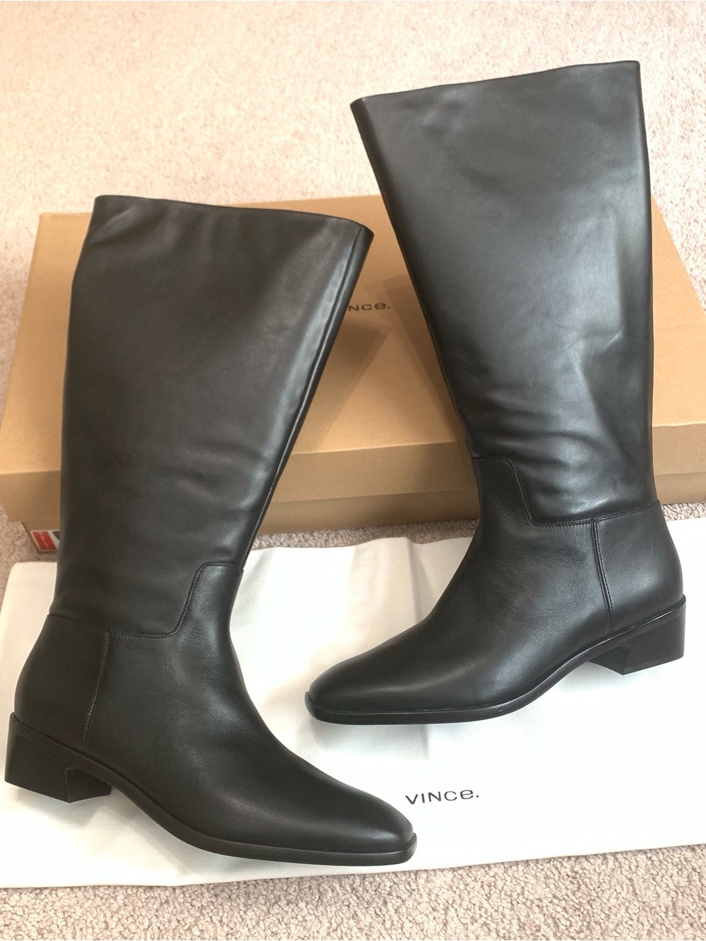 Vince Andes Tall Black Leather Wide Calf Block Heel Boots Women’s Size 9.5 NEW